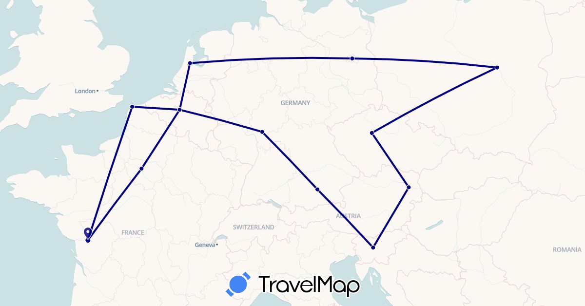 TravelMap itinerary: driving in Austria, Belgium, Czech Republic, Germany, France, Netherlands, Poland, Slovenia (Europe)